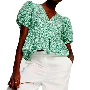 TOPSHOP Blouse Bitsy Green Floral Peplum Shirt Top Cutout Tie Back Plunge Neck